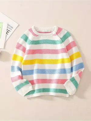 Girls' Soft & Cozy Striped Knit Sweater - 100% Pure Cotton, Breathable, Comfortable, Long Sleeve Pullover for Kids - Perfect Diary Brand, Spring/Autumn Collection, Ideal for Casual Wear, Outdoor Play, and School Days