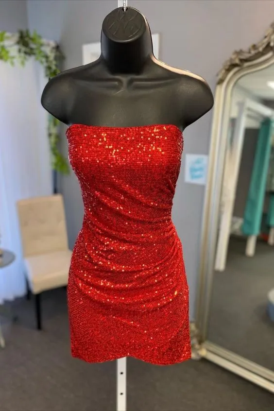 Glitter Orange Strapless Sequined Mini Homecoming Dress