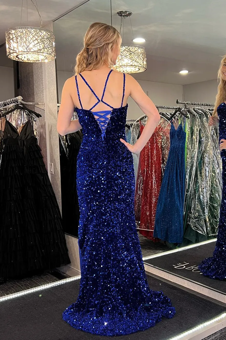 Glittery Royal Blue Mermaid Sequin Long Prom Dress with Slit,Sequins Party Dresses