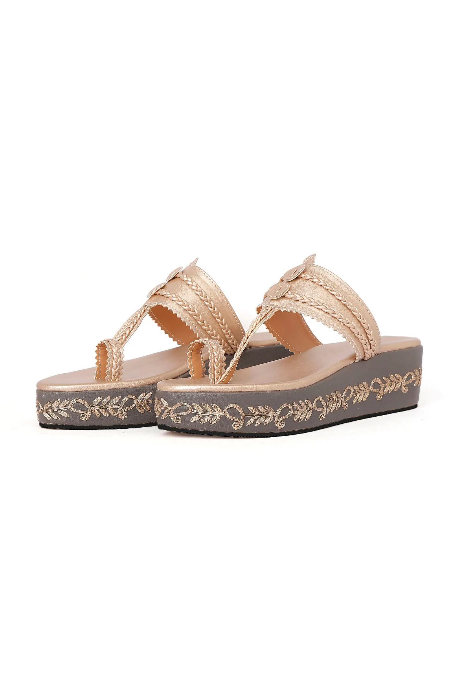 Golden Hand Embroidered Kolhapuri Inspired Wedges