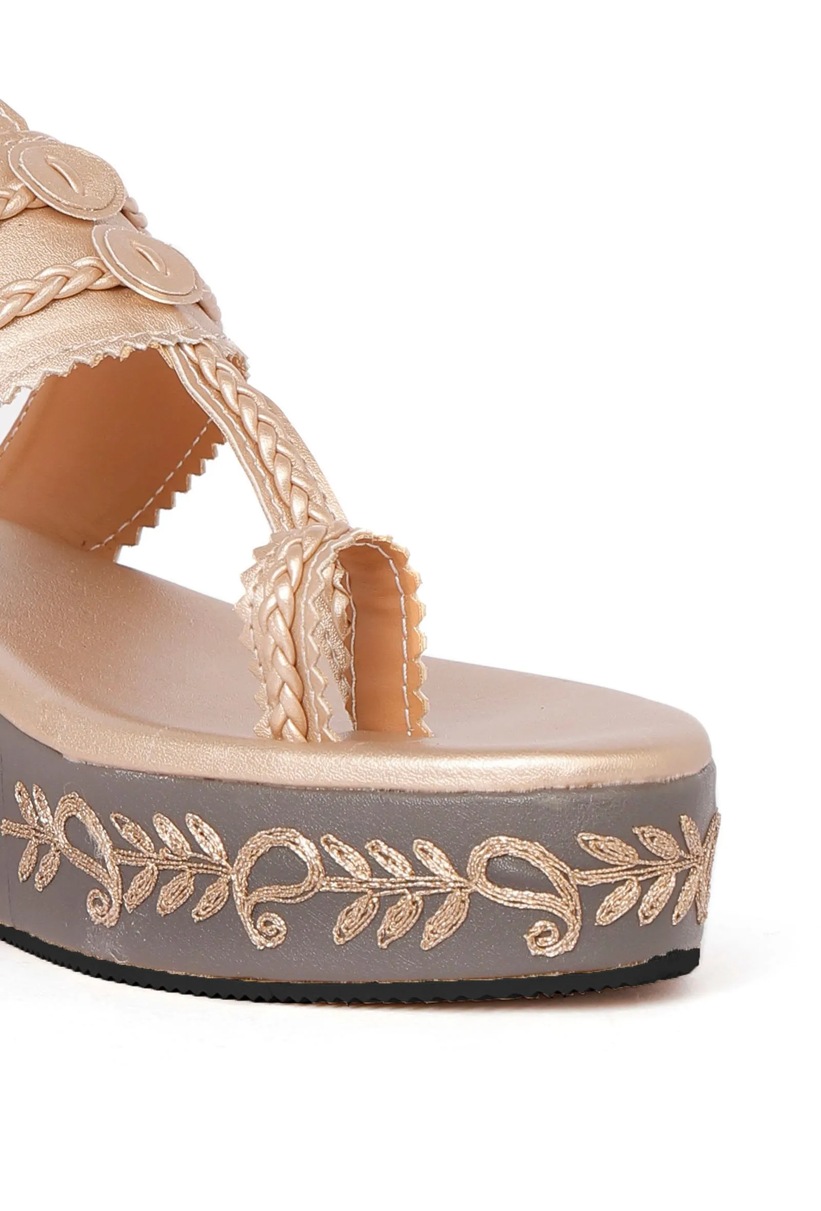 Golden Hand Embroidered Kolhapuri Inspired Wedges