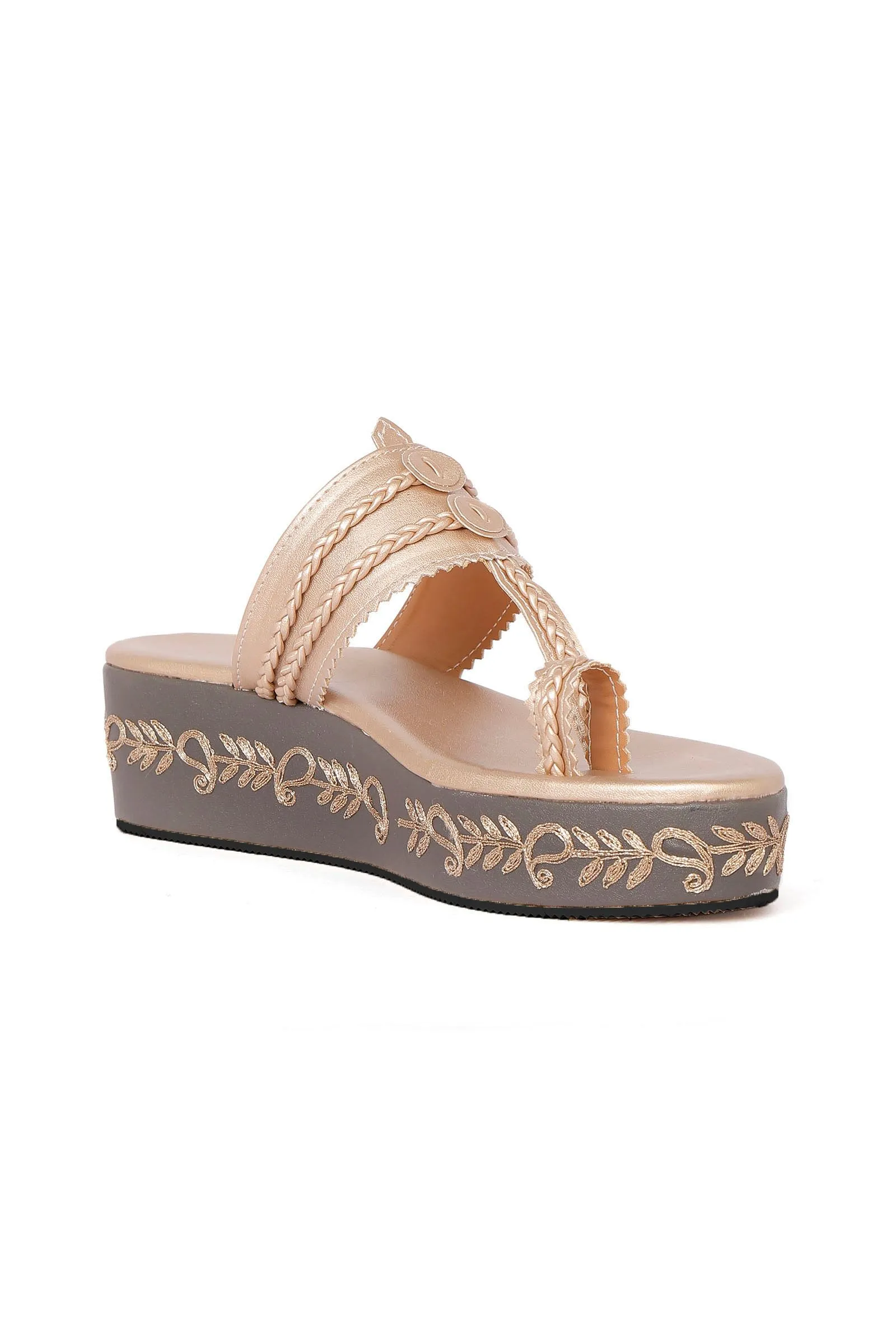 Golden Hand Embroidered Kolhapuri Inspired Wedges