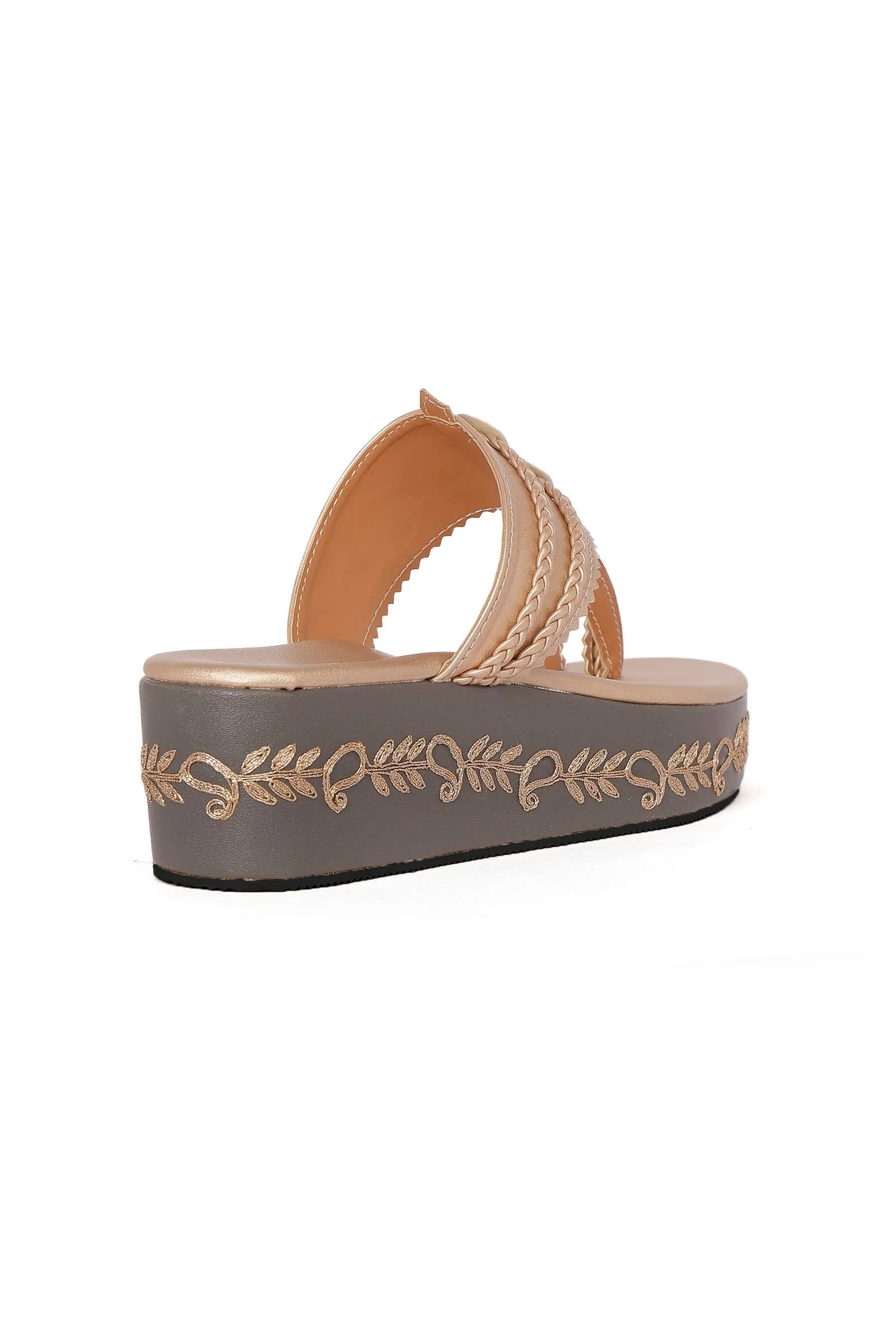 Golden Hand Embroidered Kolhapuri Inspired Wedges