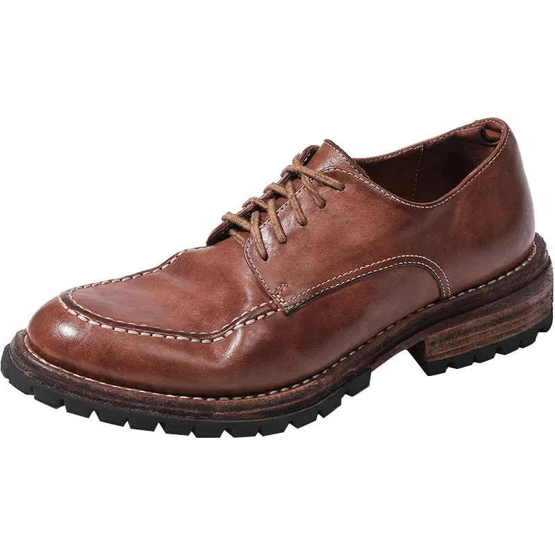 Goodyear Horse Leather Derby Shoes For Women Lace Up Block Oxfords Leather Sole in Black/Brown