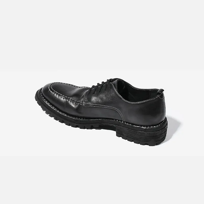 Goodyear Horse Leather Derby Shoes For Women Lace Up Block Oxfords Leather Sole in Black/Brown