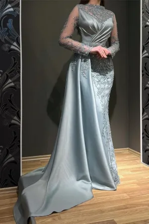 Gorgeous Grey Long Sleeves Jewel Mermaid Satin Prom Dress with Appliques