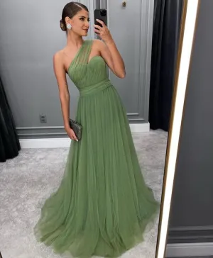 Green Long A-line Prom Dress,Trendy Tulle Formal Evening Dresses