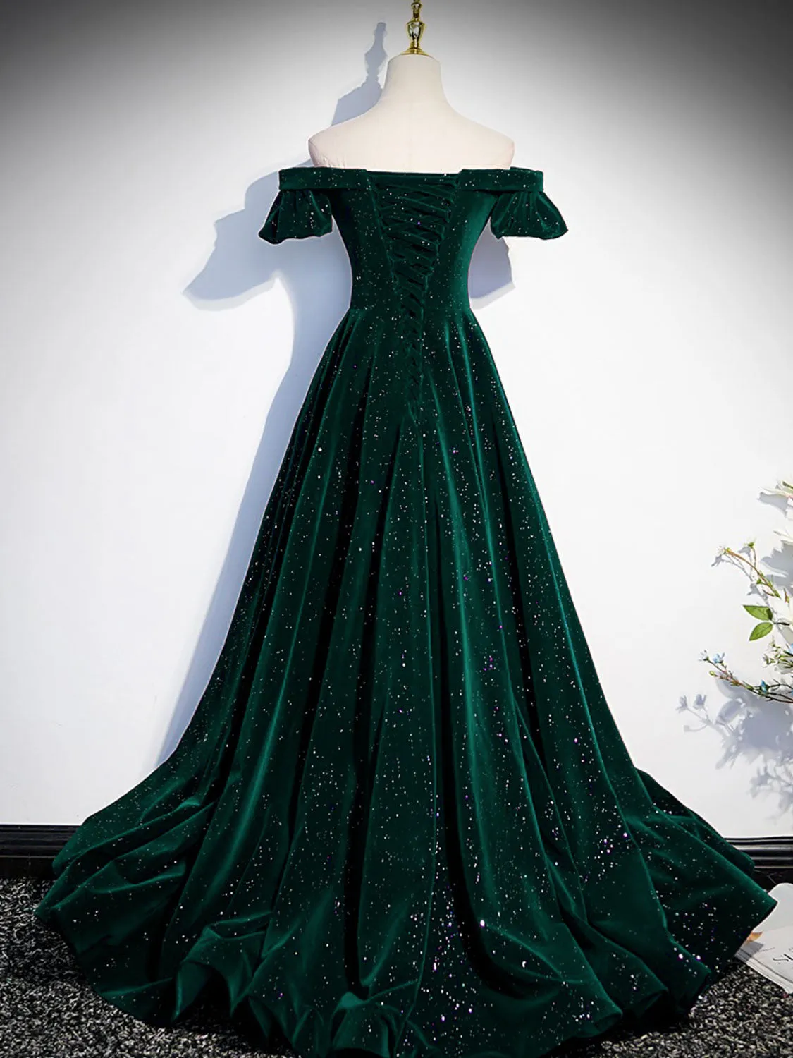 Green Off Shoulder A-line Formal Dress,Long Party Dresses