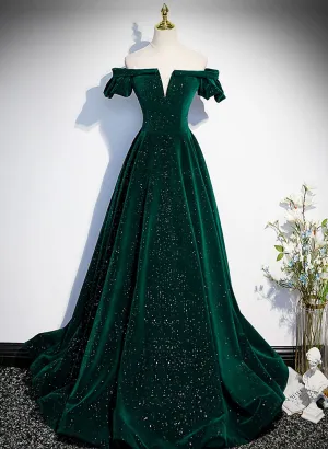 Green Off Shoulder A-line Formal Dress,Long Party Dresses