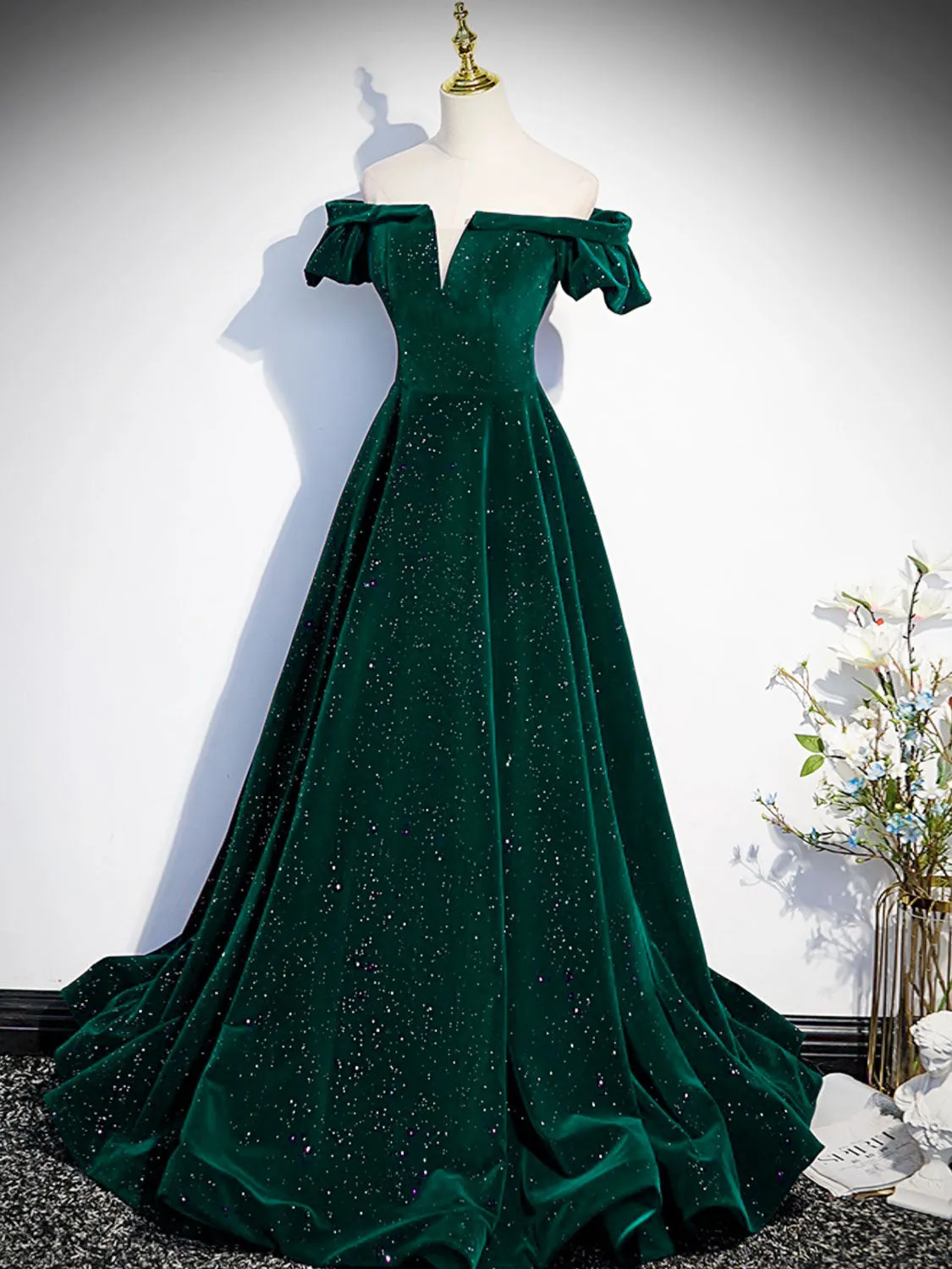 Green Off Shoulder A-line Formal Dress,Long Party Dresses