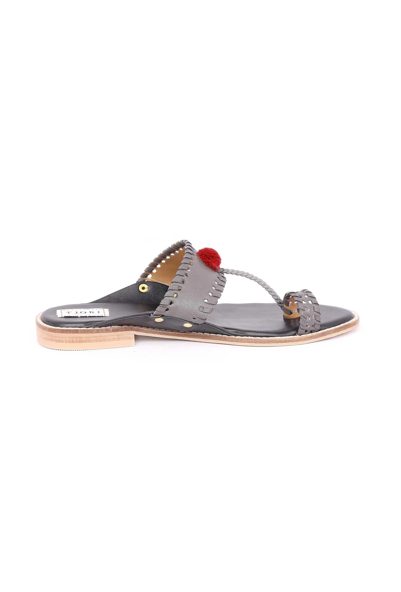 Grey Pom Pom Cruelty-Free Leather Sandal