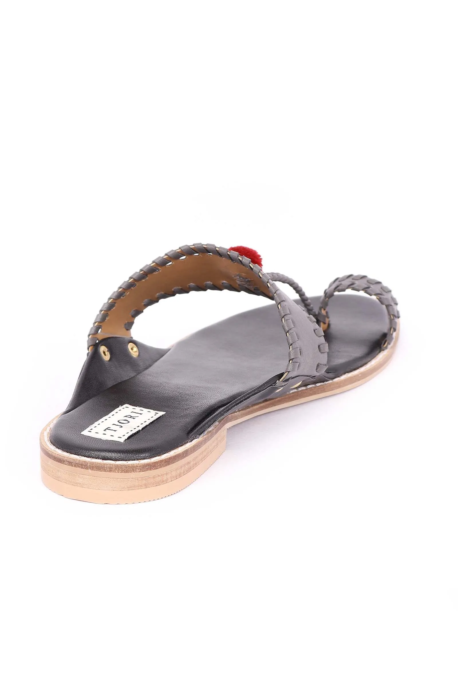 Grey Pom Pom Cruelty-Free Leather Sandal