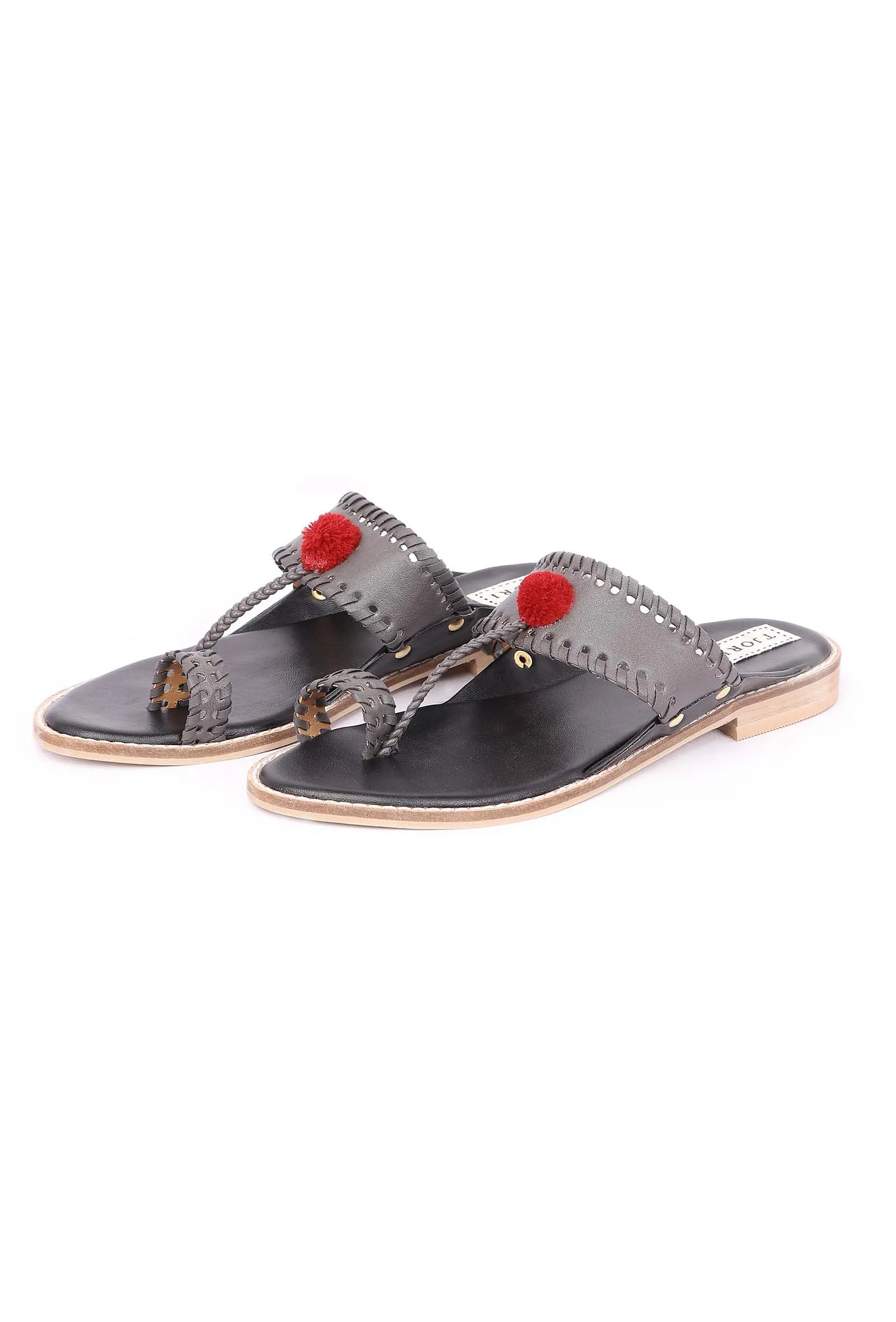 Grey Pom Pom Cruelty-Free Leather Sandal