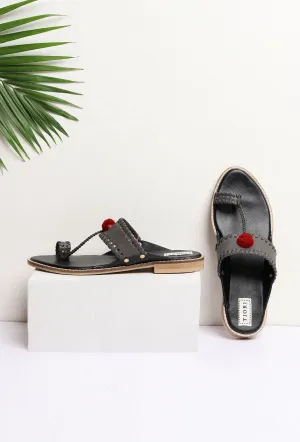 Grey Pom Pom Cruelty-Free Leather Sandal