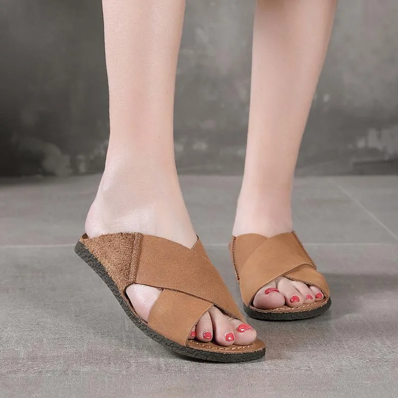 Handmade Cowhide Sandals Soft Leather Comfy Casual Slippers Coffee/Apricot