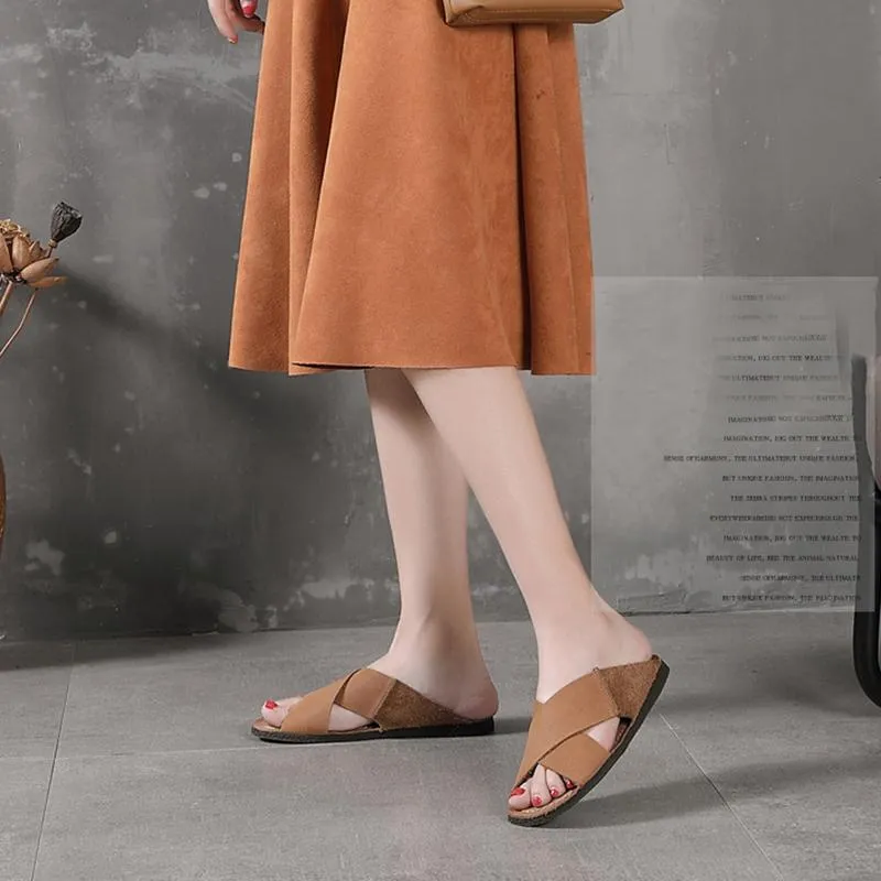 Handmade Cowhide Sandals Soft Leather Comfy Casual Slippers Coffee/Apricot