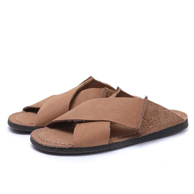 Handmade Cowhide Sandals Soft Leather Comfy Casual Slippers Coffee/Apricot