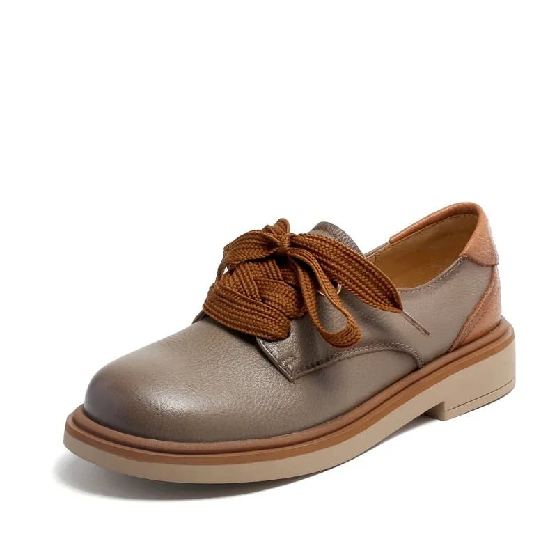 Handmade Full Grain Leather Oxfords & Tie Flats For Women in Khaki/Beige