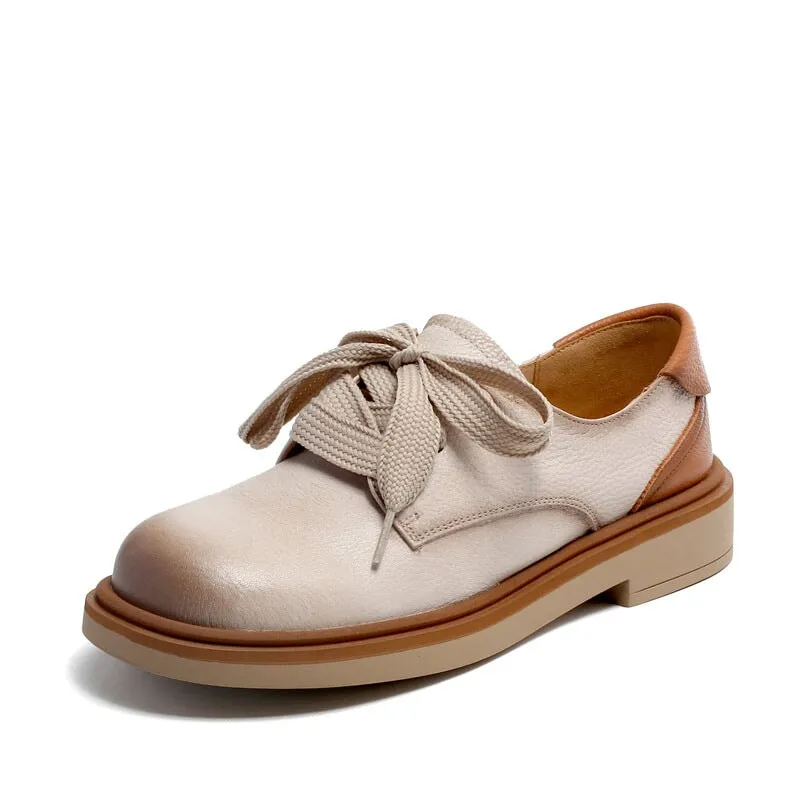 Handmade Full Grain Leather Oxfords & Tie Flats For Women in Khaki/Beige