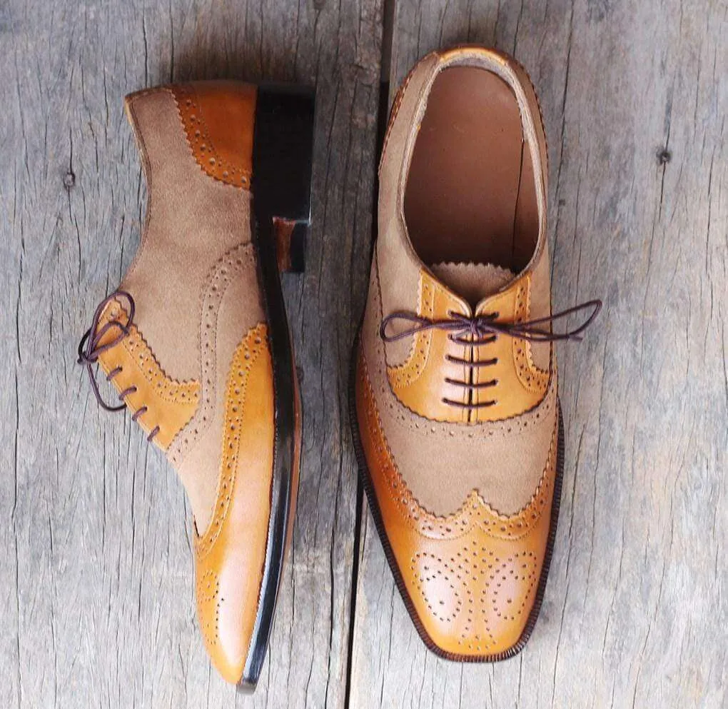 Handmade Wing Tip Leather Suede Shoes