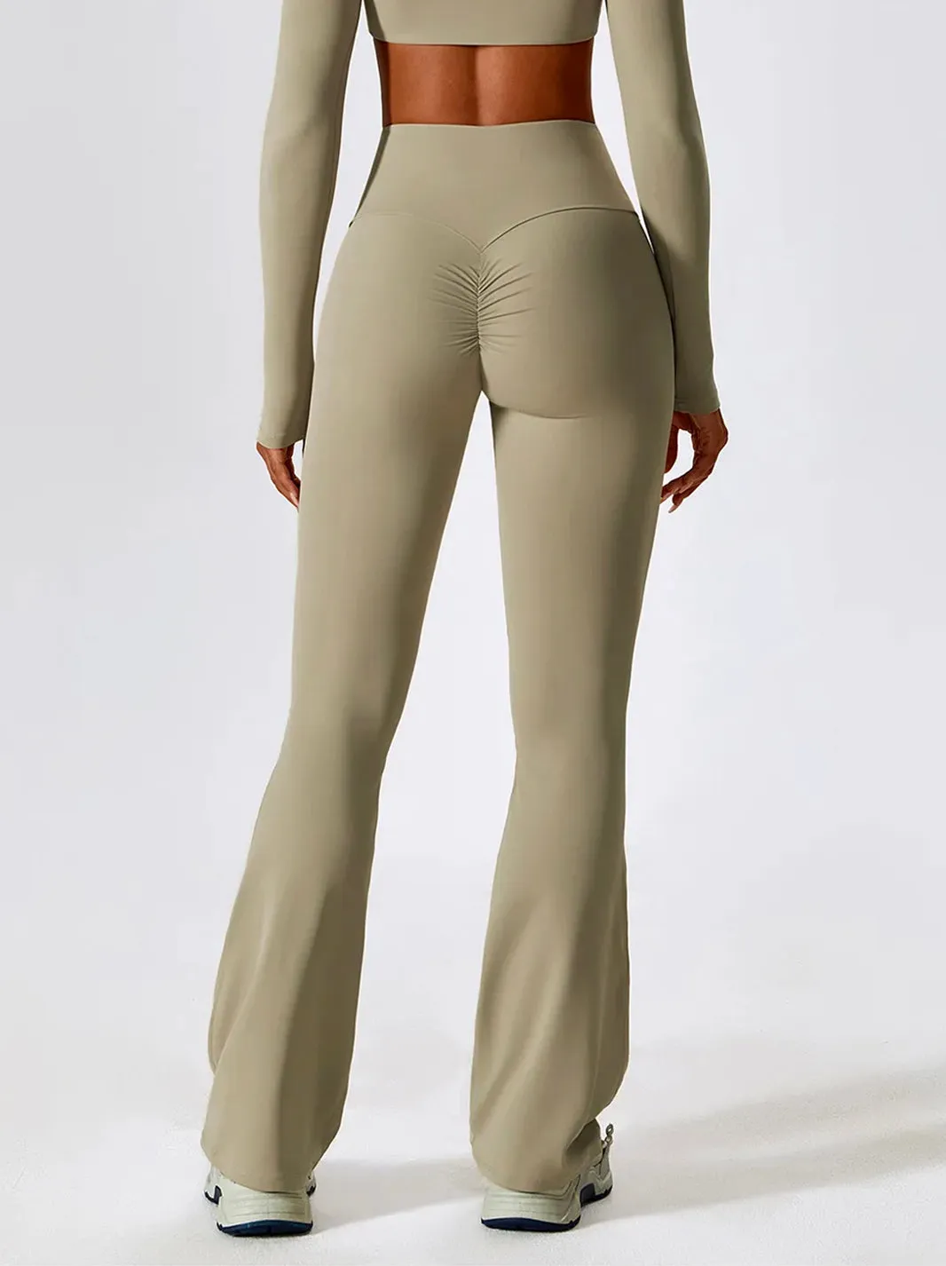 High Waisted Long Length Ruched Back Detail Flared Leggings