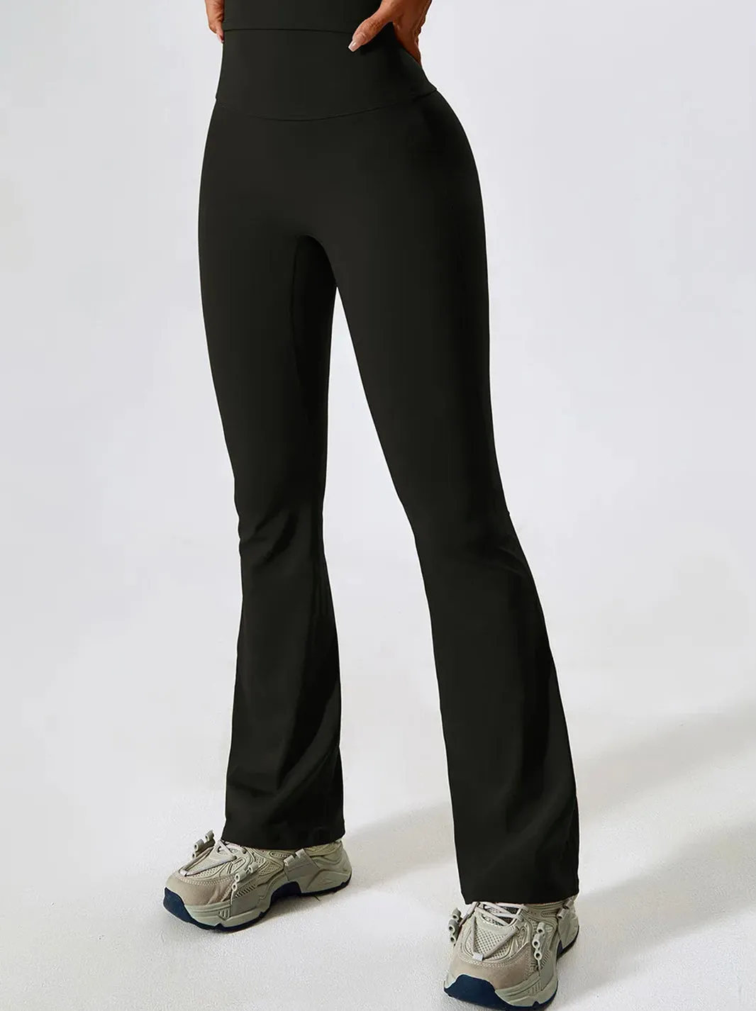 High Waisted Long Length Ruched Back Detail Flared Leggings