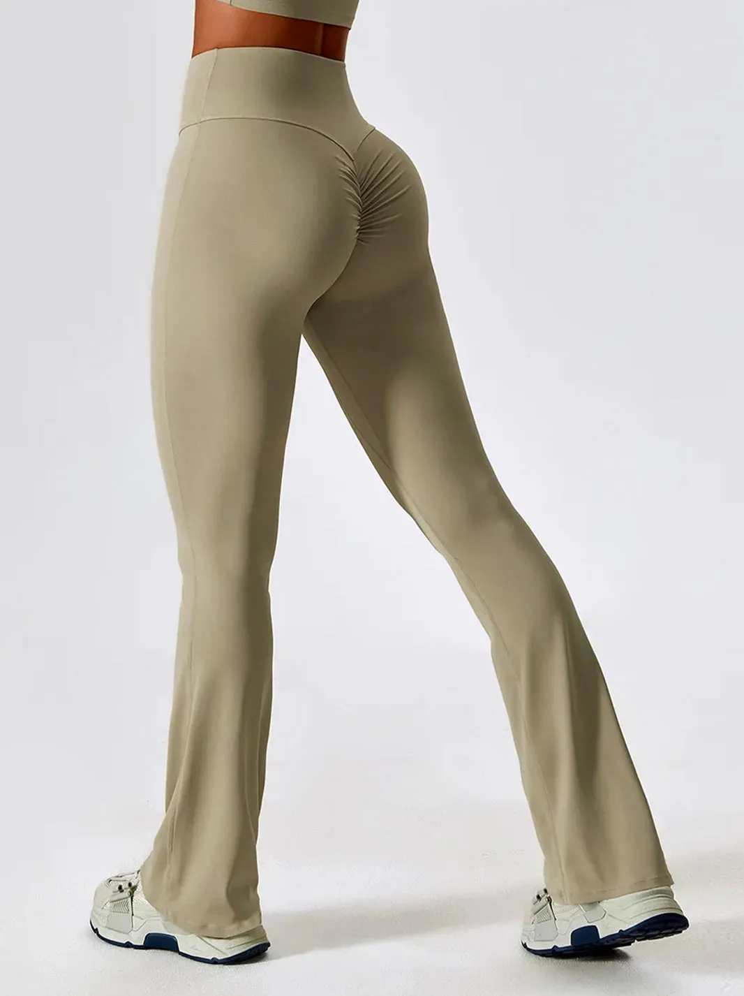 High Waisted Long Length Ruched Back Detail Flared Leggings