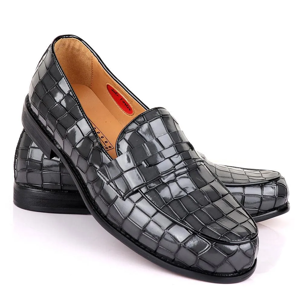 John Foster Croc Glossy Grey Leather Shoe