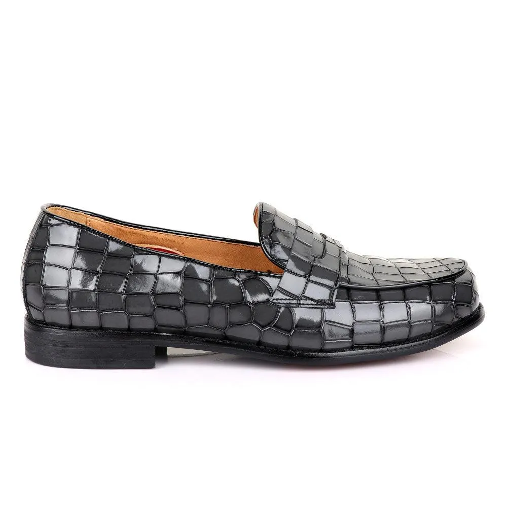 John Foster Croc Glossy Grey Leather Shoe