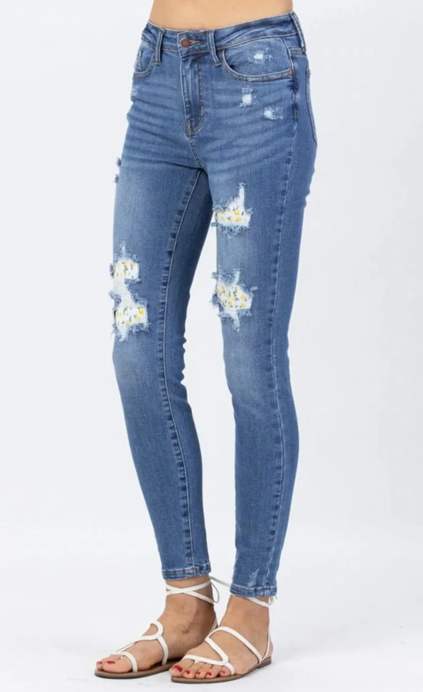 Judy Blue Sweet Lemon Patched Skinny - style 88233