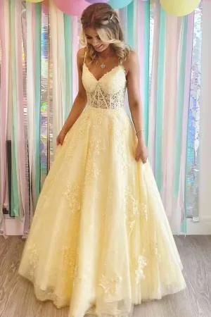 Lace-Up Yellow V-Neck Appliques A Line Long Formal Dress Graduation Gowns