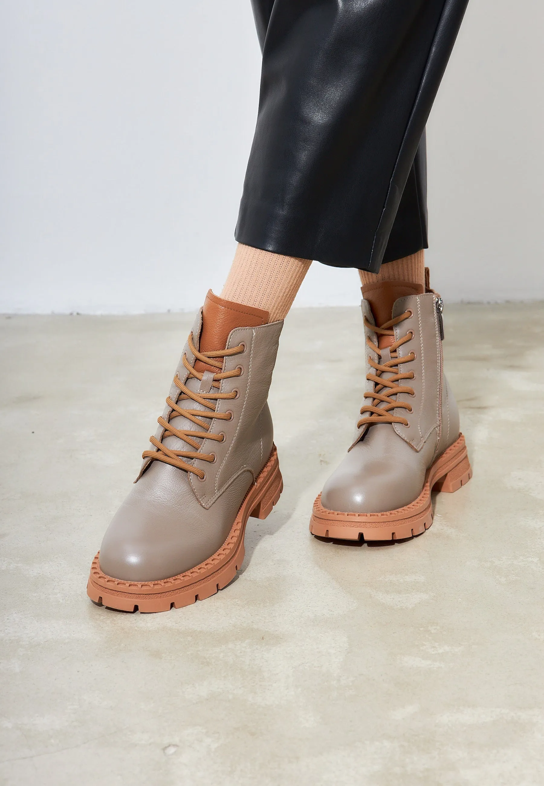 Leather Lace-up Ankle Boots - Beige