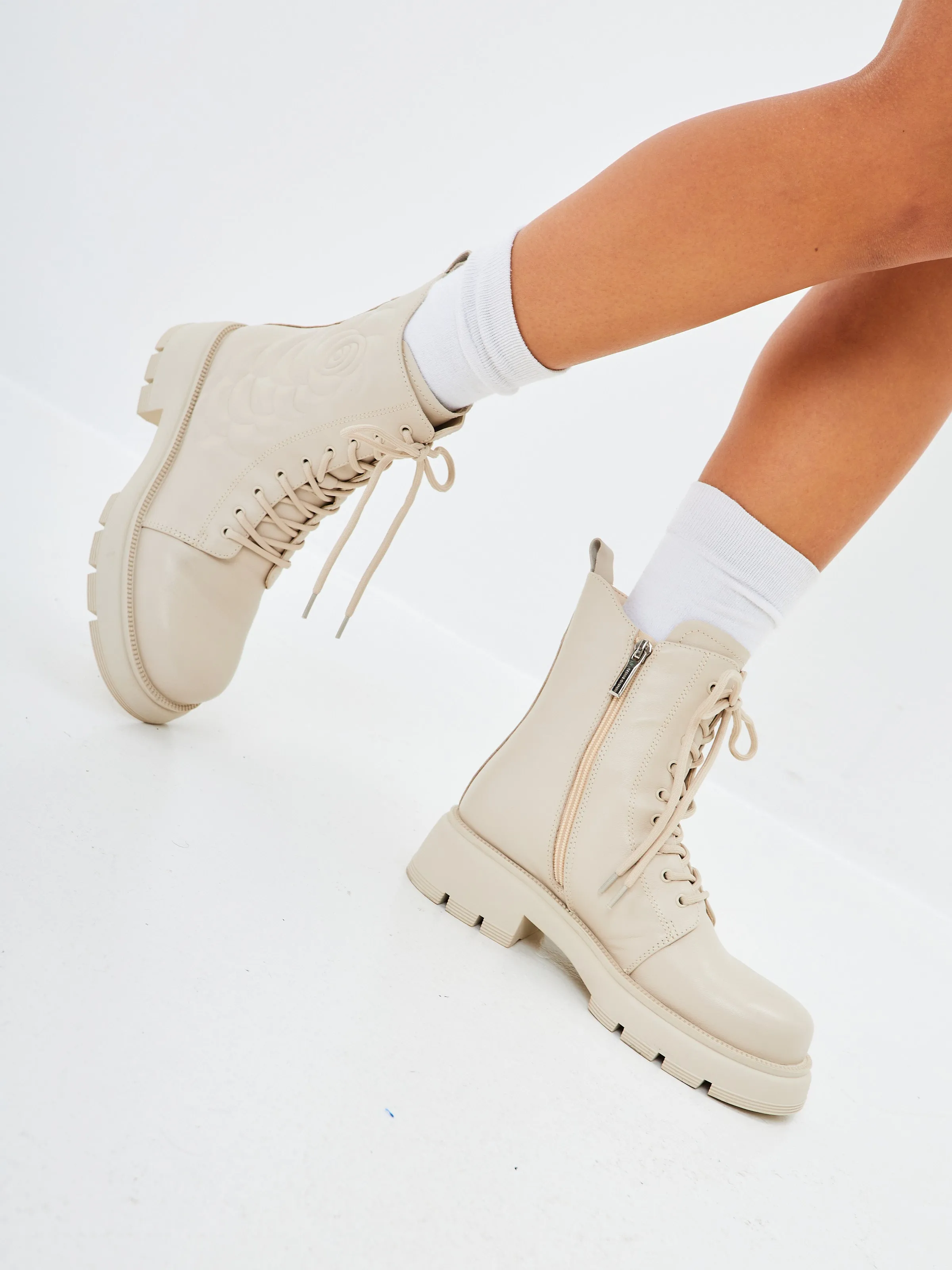 Leather Platform Ankle Boots - Ivory