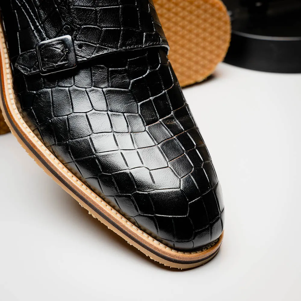 Legerra Hand Burnished Croc Embossed Italian Calfskin Monk Strap Shoe in Black by Zelli Italia