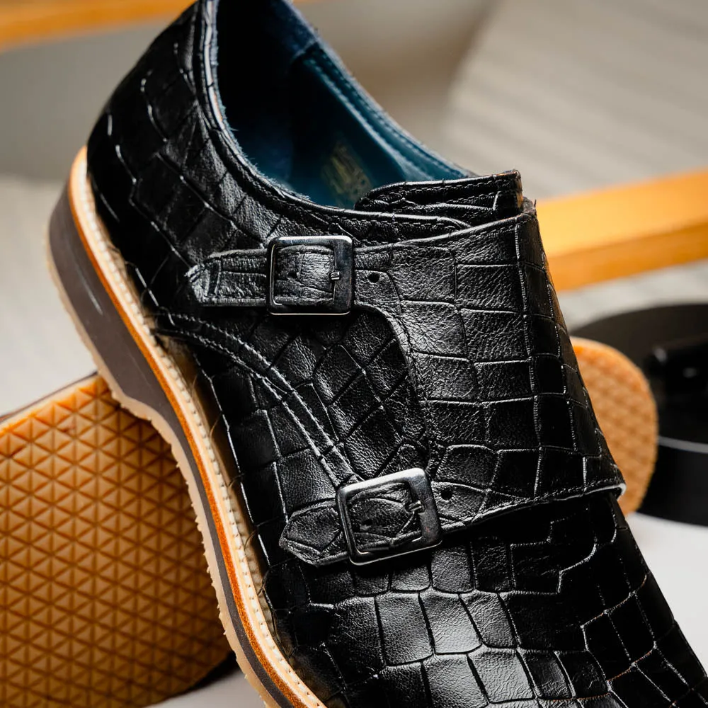 Legerra Hand Burnished Croc Embossed Italian Calfskin Monk Strap Shoe in Black by Zelli Italia