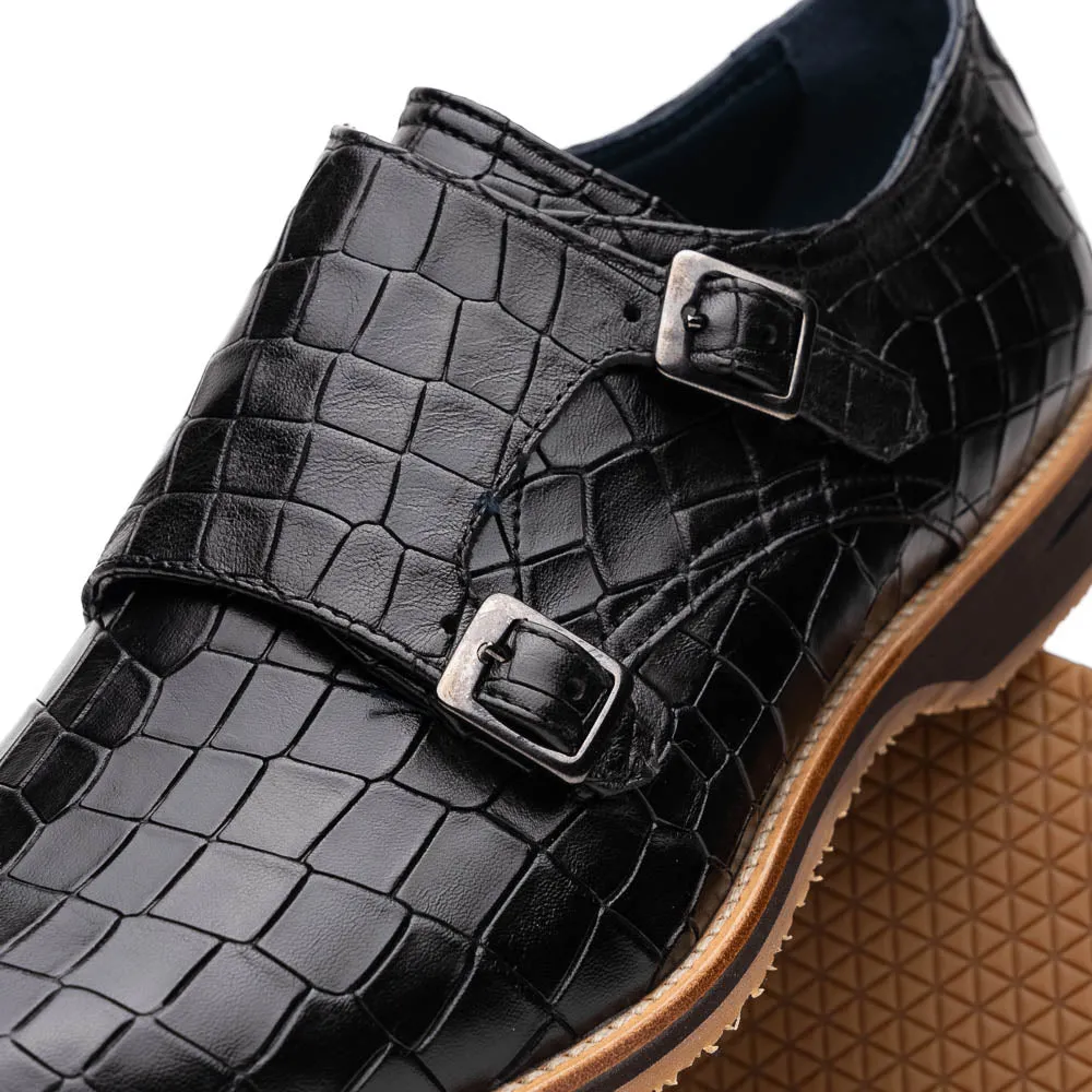 Legerra Hand Burnished Croc Embossed Italian Calfskin Monk Strap Shoe in Black by Zelli Italia