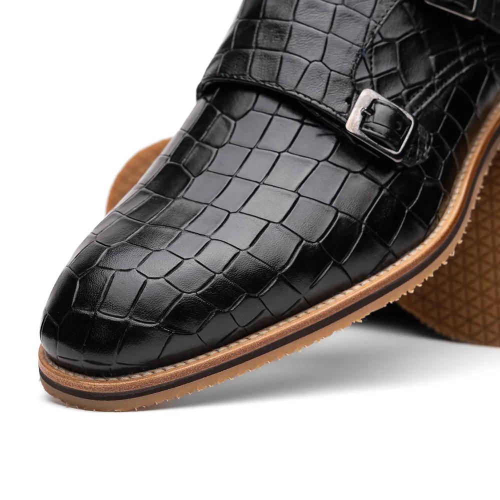 Legerra Hand Burnished Croc Embossed Italian Calfskin Monk Strap Shoe in Black by Zelli Italia