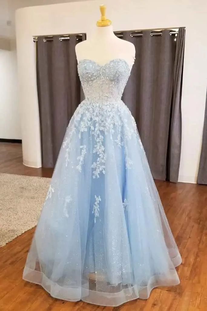 Light Blue Appliques Sweetheart A-Line Prom Dress Formal Gown