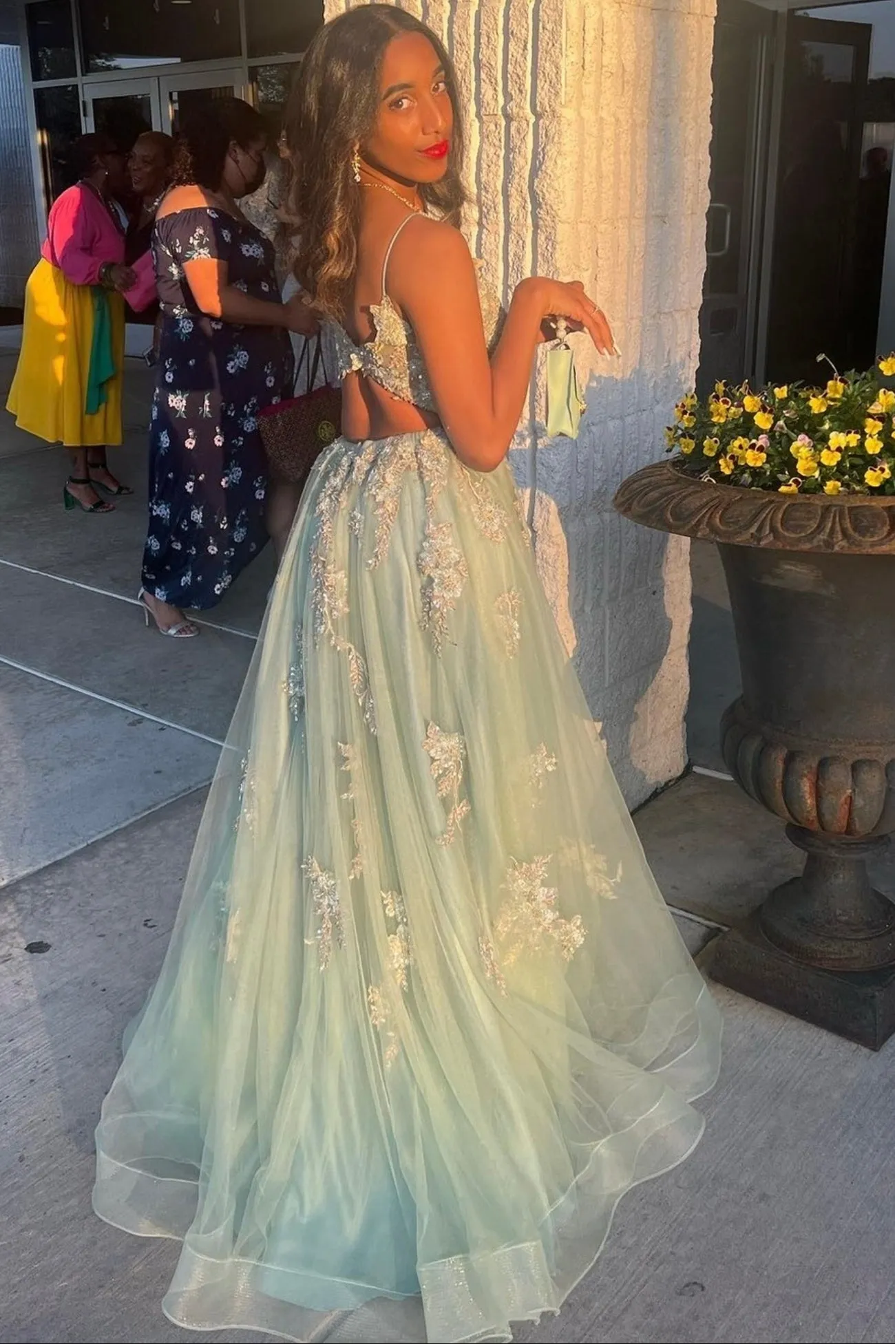 Light Green V-neck Lace Long Prom Dress,A-Line Holiday Dresses Party with Slit