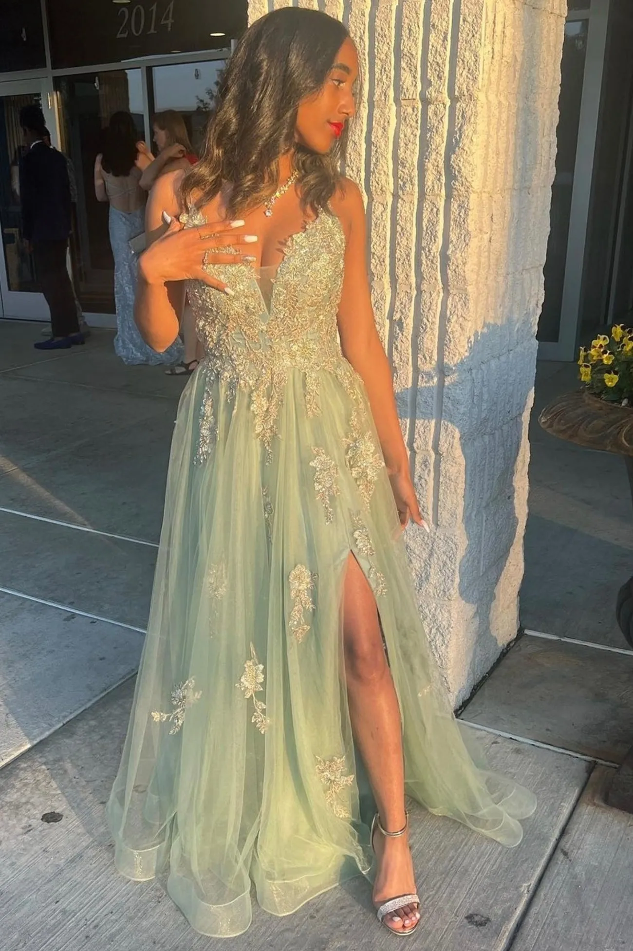 Light Green V-neck Lace Long Prom Dress,A-Line Holiday Dresses Party with Slit