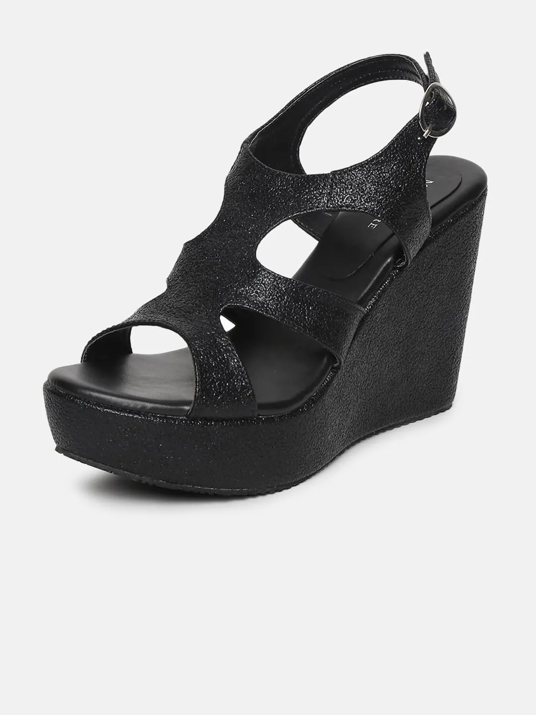 Marc Loire Women Round Toe Embellished Wedge Heel Sandal (Black, 4)