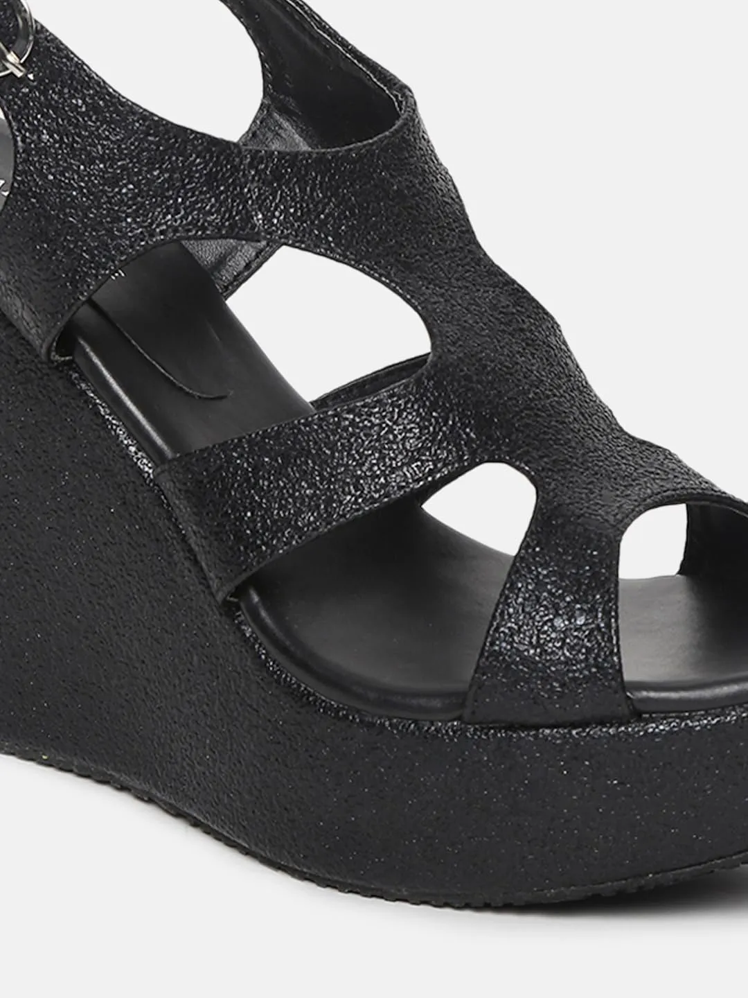 Marc Loire Women Round Toe Embellished Wedge Heel Sandal (Black, 4)