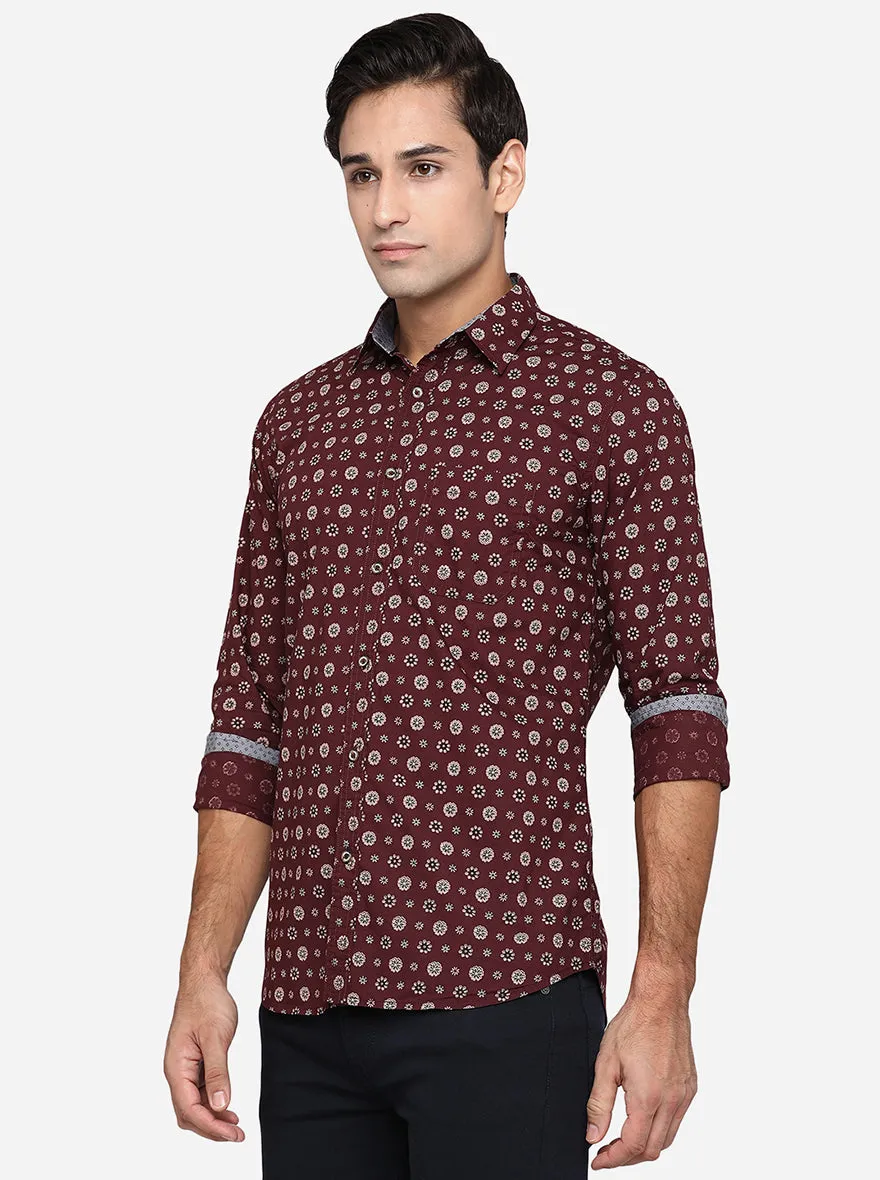 Maroon Printed Slim Fit Semi Casual Shirt | JadeBlue