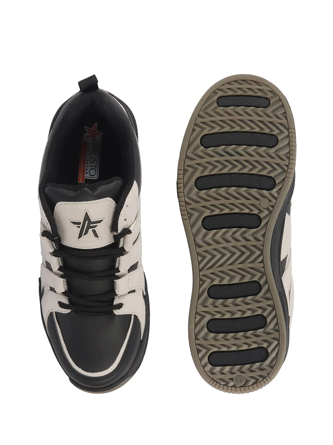 Men Cream/Black Colorblocked Lace Up Sneakers| Sports Running Shoes|Anti-Skid Phylon Sole|Lace-Up Athleisure Shoes|Walking Shoes