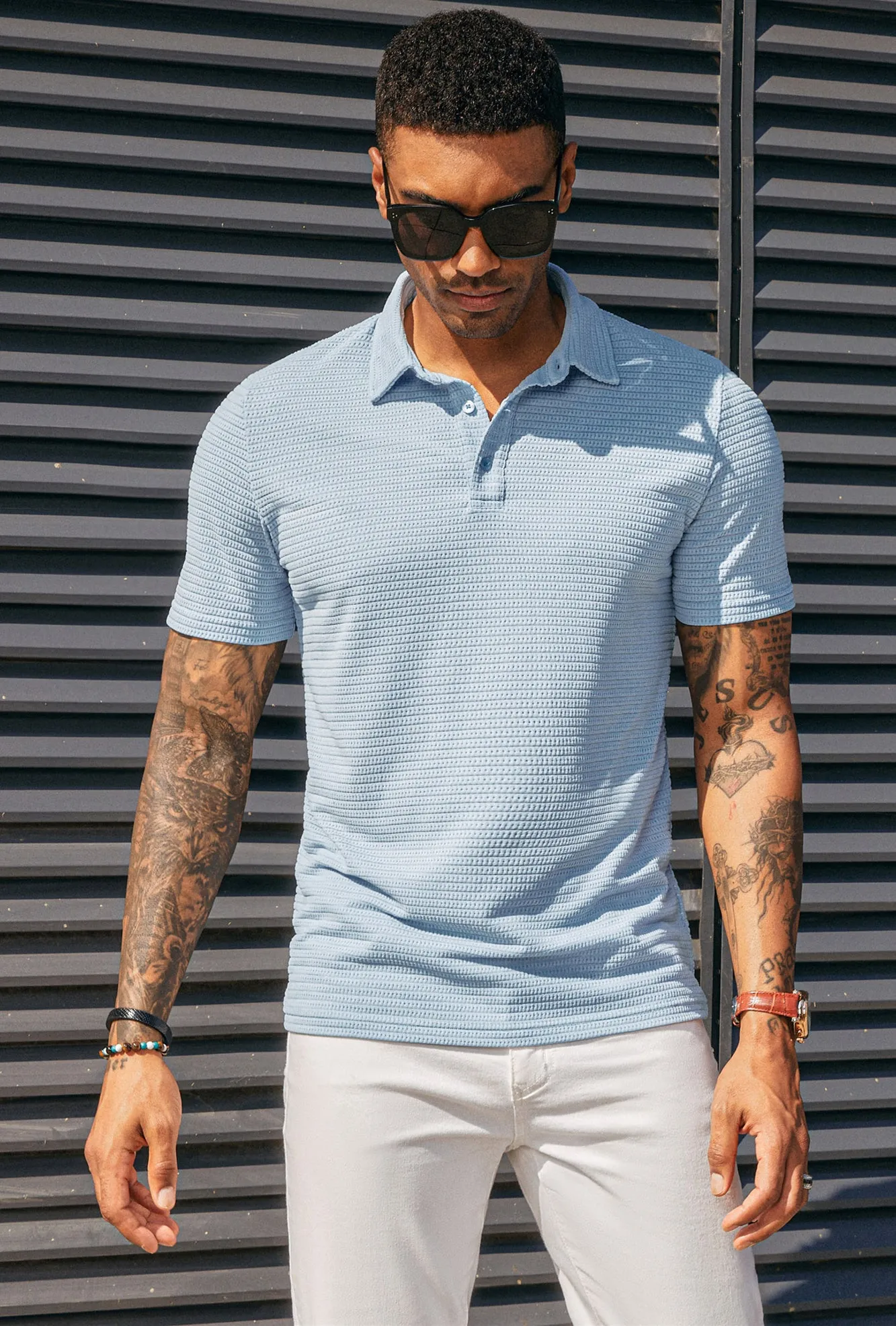 Men's Knit Polo Shirts Short Sleeve Casual Button Up Shirts Solid Collared Golf Shirts Tops