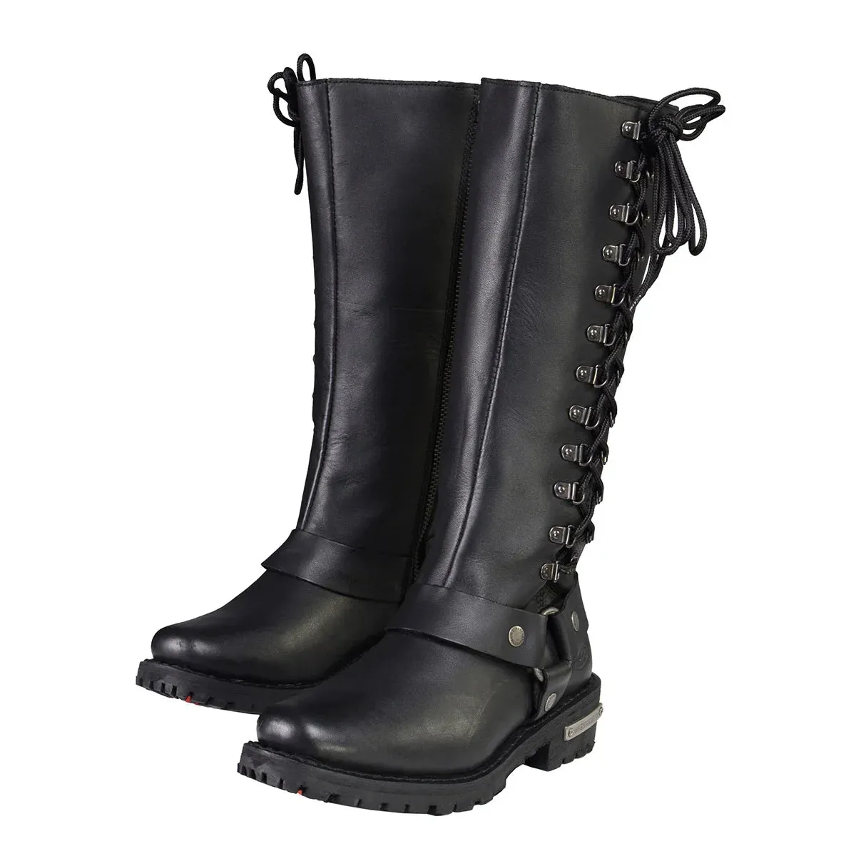 Milwaukee Leather MBL9365 Women's Black 14-Inch Classic Harness Square Toe Leather Tall Motorcycle Boots