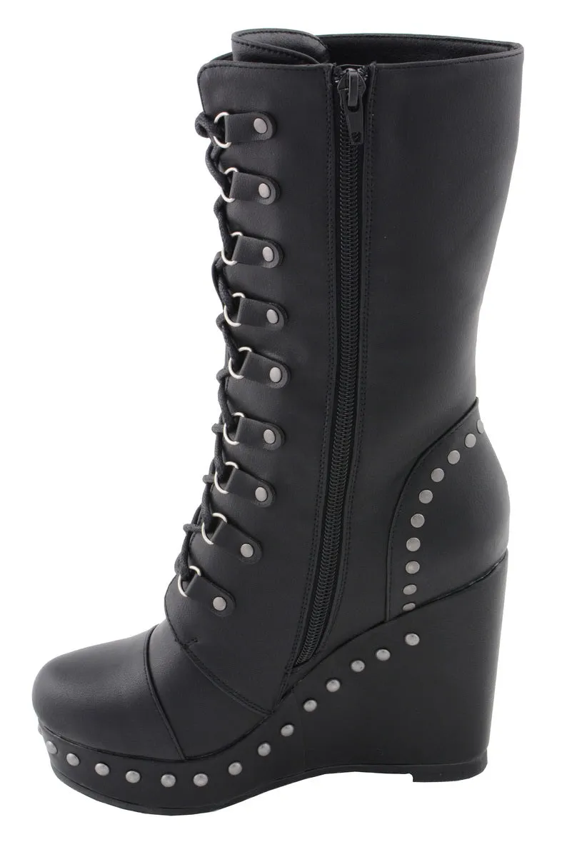 Milwaukee Leather MBL9438 Women's Black Tall Lace-Up Fashion Casual Boots with Platform Wedge