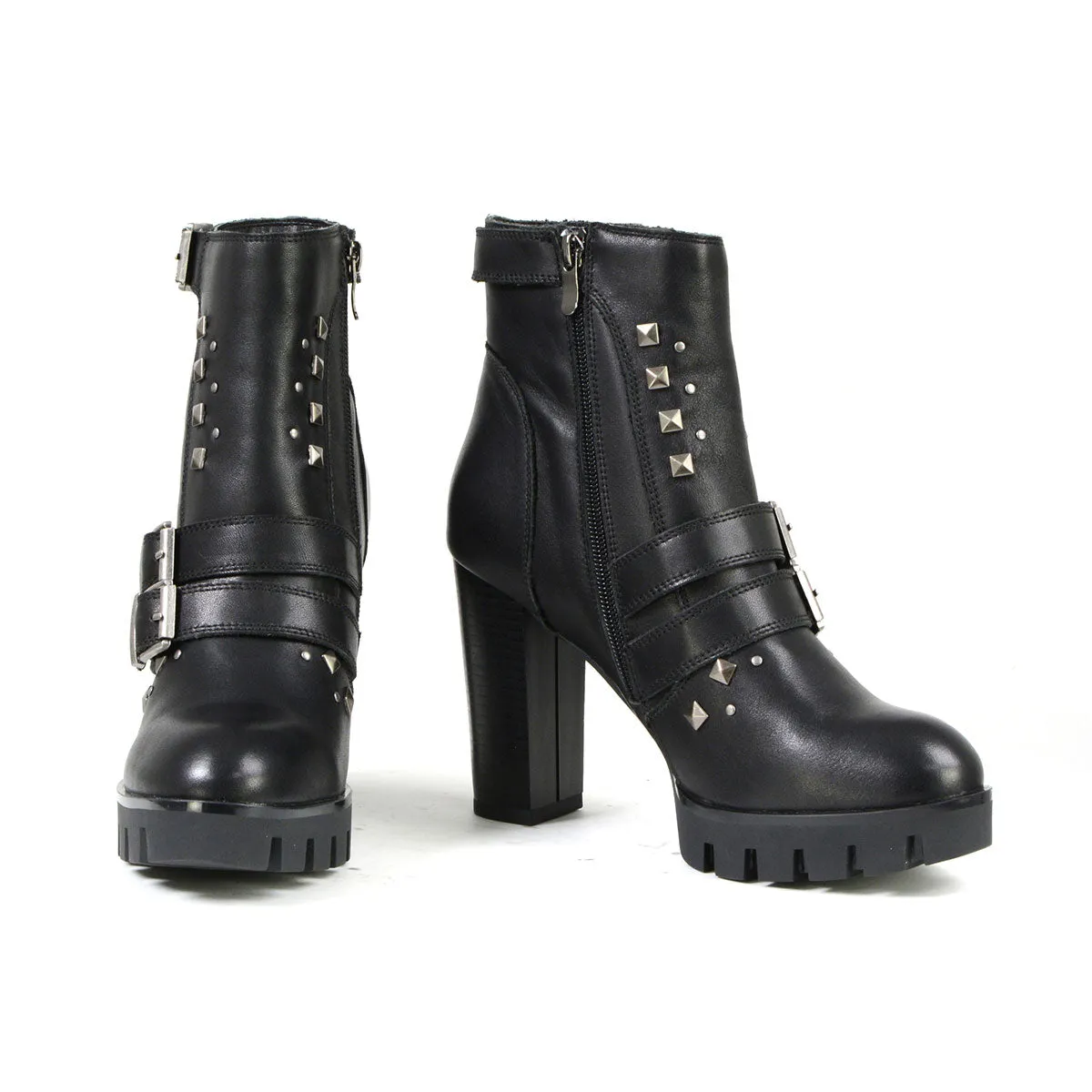 Milwaukee Leather MBL9456 Women's Premium Black Leather Fashion Platform Boots with Straps