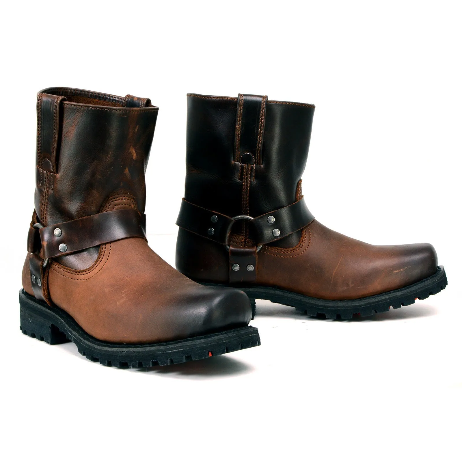 Milwaukee Leather MBM9008 Men's Brown Motorcycle Harness Boots-Two-Tone Full Grain Leather Boots with Easy Pull-On