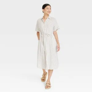 New - Women's Short Sleeve Linen Midi Shirtdress - A New Day™ Cream Striped S